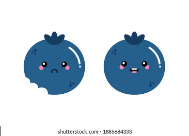 Cute Cartoon Style Blueberry Characters, Happy Smiling And Sad With Bite Mark.
