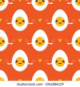 Cute cartoon style boiled egg characters and hearts vector seamless pattern background. 