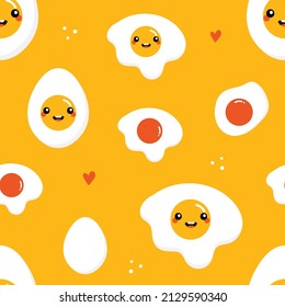 Cute cartoon style boiled eggs and fried eggs characters vector seamless pattern background for breakfast design.