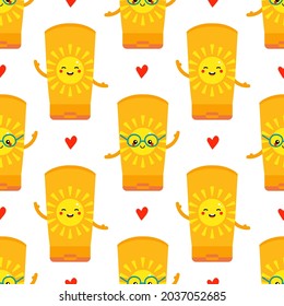 Cute cartoon style bottles of sunscreen and red hearts vector seamless pattern background for summertime and vacation design.
