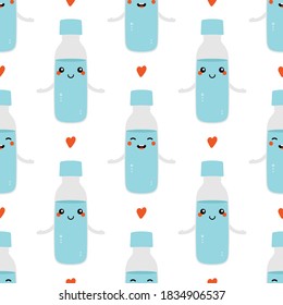 Cute cartoon style bottles of water characters and hearts vector seamless pattern background. Drink more water, hydration pattern.
