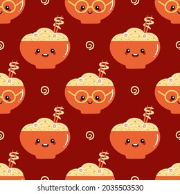 Cute cartoon style bowls of noodles, asian soup characters vector seamless pattern background for food design.