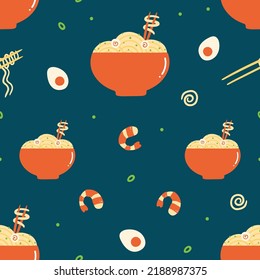 Cute cartoon style bowls of noodles, asian soup with shrimps and boiled eggs vector seamless pattern background for food design.
