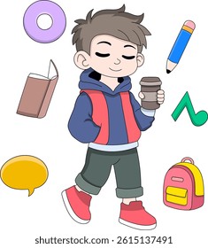 Cute cartoon style boy wearing casual clothes, holding a coffee cup with a relaxed expression.