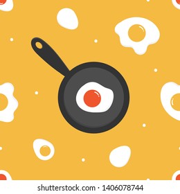 Cute cartoon style breakfast set with boiled and fried eggs in pan seamless pattern background.
