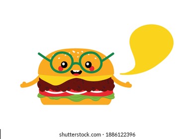 Cute cartoon style сheeseburger, burger character with speech bubble, talking, giving advice or information.
