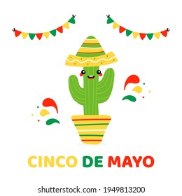 Cute cartoon style cactus in sombrero with colorful garlands and design elements, vector greeting card, illustration for Cinco de Mayo celebration.