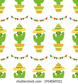 Cute cartoon style cactus in sombrero and colorful garlands vector seamless pattern background for Cinco de Mayo design.