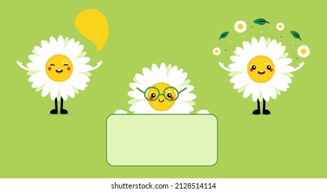 Cute cartoon style camomile, daisy flower characters having fun, juggling with little flowers and leaves, talking, holding card.
