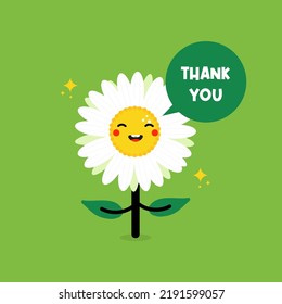 Cute cartoon style camomile, daisy flower character with speech bubble saying thank you, grateful.