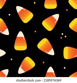 Cute cartoon style candy corn sweets and dots vector seamless pattern background for Halloween design.