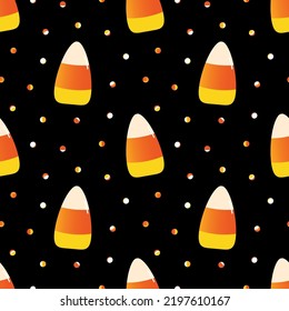 Cute cartoon style candy corn sweets and colorful confetti vector seamless pattern background for Halloween design.
