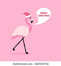 Cute cartoon style card with pink tropical flamingo in santa hat with speech bubble wishing Merry Christmas.

