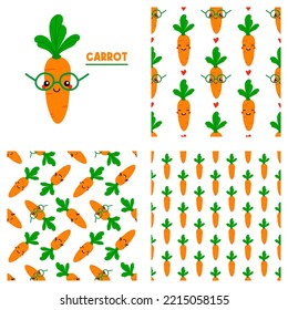 Cute cartoon style carrot character and set, collection of three carrot vegetables vector seamless pattern backgrounds. 
