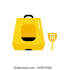 Cute cartoon style cat hooded litter box with plastic shovel. Vector icons, illustration.

