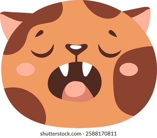 Cute cartoon style cat yawning with eyes closed, showing a sleepy expression. The orange and brown feline features prominent whiskers and a round face, conveying relaxation and tiredness