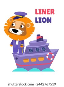 Cute cartoon style character. Lion captain of ship, liner. Isolated animal on white background. Preschool activity. Vector illustration.