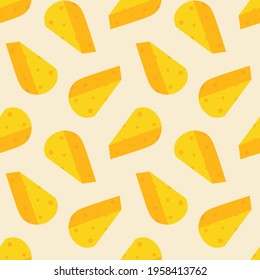 Cute cartoon style cheese chunks, dairy product vector seamless pattern background.