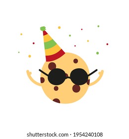 Cute cartoon style chocolate chip cookie in black sunglasses and party hat. 