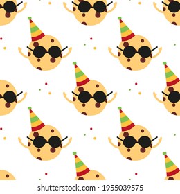 Cute cartoon style chocolate chip cookie in black sunglasses and party hat vector seamless pattern background.
