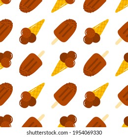 Cute cartoon style chocolate ice cream cones and popsicles vector seamless pattern background.