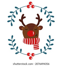 Cute cartoon style Christmas deer. Red nose and striped scarf. Greeting card, banner, poster, postcard, print, template. Isolated on white. 