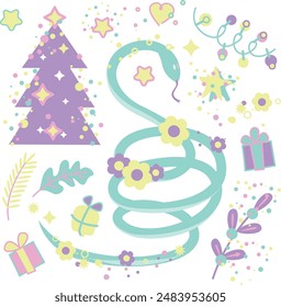 Cute cartoon style christmas elements. Chinese. Snake.