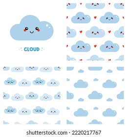 Cute cartoon style cloud character and set, collection of three vector seamless pattern backgrounds with clouds.
