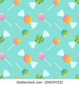 Cute cartoon style colorful candy, sweets, taffy, lollipops vector seamless pattern background.