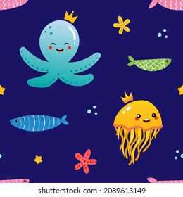 Cute cartoon style colorful cartoon style octopus, jellyfish, fish, starfish characters vector seamless pattern background for sea life design.
