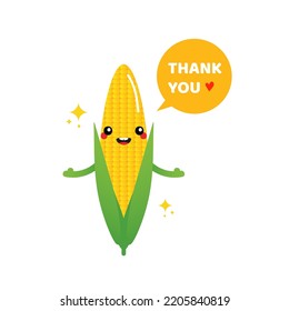 Cute cartoon style corn character with speech bubble saying thank you, showing appreciation.
