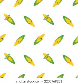 Cute cartoon style corn characters vector seamless pattern background for food, harvest, cooking design.