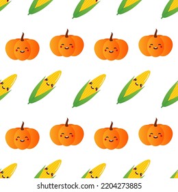 Cute cartoon style corn and pumpkin characters vector seamless pattern background for food, harvest, autumn design.