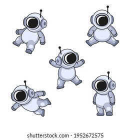 Cute Cartoon Style Cosmonaut in Spacesuit Icons Set. Vector