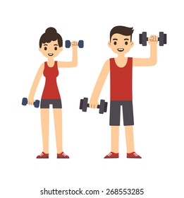 Cute cartoon style couple with dumbbells isolated on white background. Modern minimalistic flat vector style.