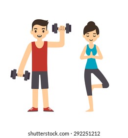 Cute cartoon style couple: man with dumbbells and woman doing yoga, isolated on white background. Modern minimalistic flat vector style.