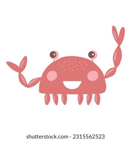 Cute cartoon style crab character smiling and waving claw, vector