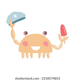 Cute cartoon style crab character smiling, captain hat and ice cream in claws, vector