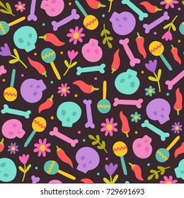 Cute cartoon style Day of the dead seamless pattern. Vector hand drawn illustration