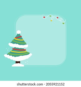 Cute cartoon style decorated christmas trees with lights and garlands, square frame, card template, background for Christmas design. 