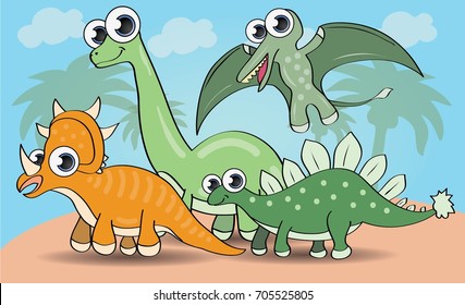 Cute cartoon style dinosaurs set. vector illustration