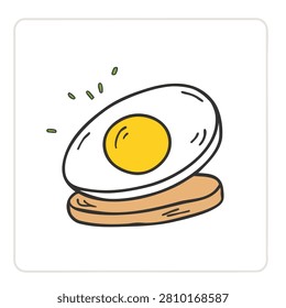 A cute cartoon style doodle of a sunny side up egg resting on a piece of toasted bread isolated on white
