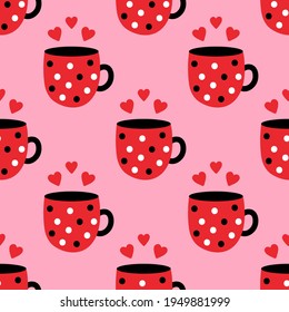 Cute cartoon style dotted red cup, mug for coffee or tea with hearts vector seamless pattern background.