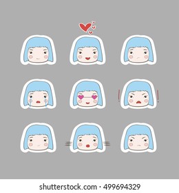 Cute cartoon style drawing of  little cutie baby girl emotions on bright background
