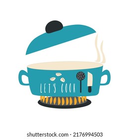 Cute cartoon style drawn blue cooking pot that cooks food on a gas stove. Vector illustration.