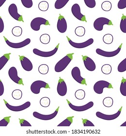 Cute cartoon style eggplants, aubergines in different sizes and shapes vector seamless pattern background.