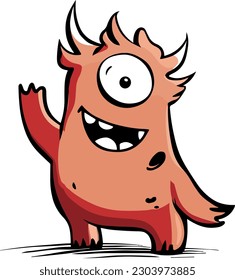 Cute cartoon style eps drawing of a fun, friendly little short pet alien monster mascot character with one big eyeball and pink skin waving to say hello. Fun sticker illustration collection for kids.