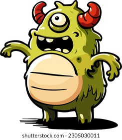 Cute cartoon style eps drawing of a fun, friendly fury little short green pet alien monster mascot character with one big eyeball and red horns.  Fun sticker illustration collection for kids.