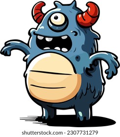 Cute cartoon style eps drawing of a fun, friendly fury little short blue pet alien monster mascot character with one big eyeball and red horns.  Fun sticker illustration collection for kids.