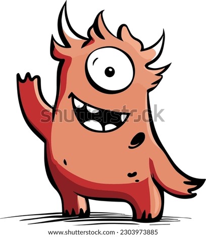 Cute cartoon style eps drawing of a fun, friendly little short pet alien monster mascot character with one big eyeball and pink skin waving to say hello. Fun sticker illustration collection for kids.